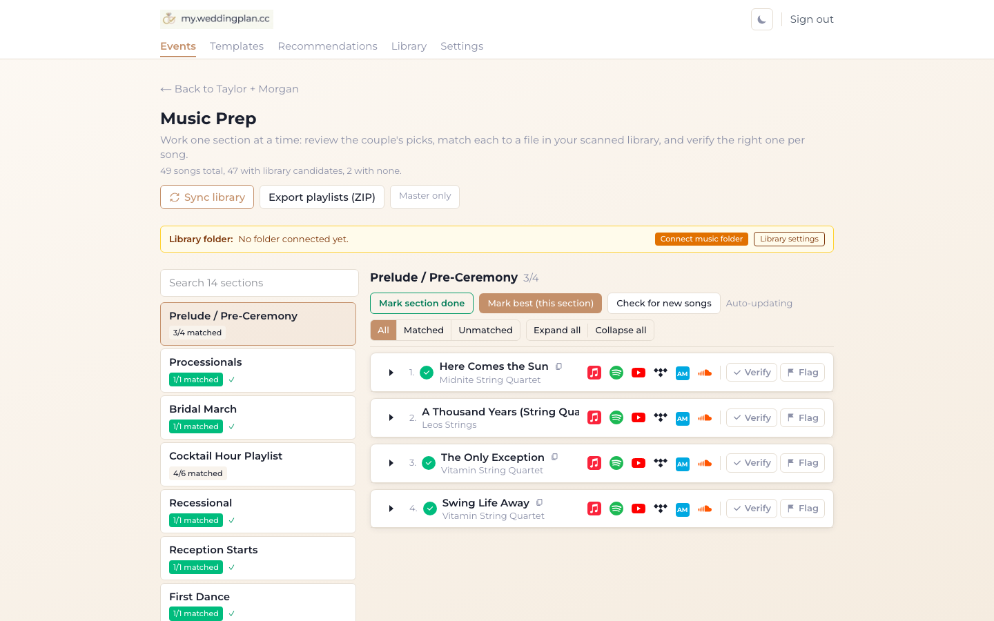 WeddingPlan matching tab pairing a couple's song picks to real tracks in your library